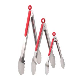 Stainless Steel Kitchen Tongs Set of 3, Locking Metal Food Tongs Non-Slip Grip (Green: Red)