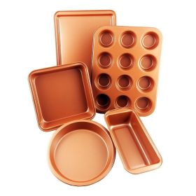 5 Pcs Baking Pans - Organic Eco Friendly Nonstick Coating - Premium Quality - Muffin Pan, Loaf Pan, Square Pan, Cookie Sheet, Round Pan - Bakeware Set (Option: Copper)